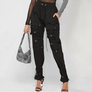 Maniere de Voir Cargo Jogger Black Pants With Bungee Cord Size UK 10 US 6